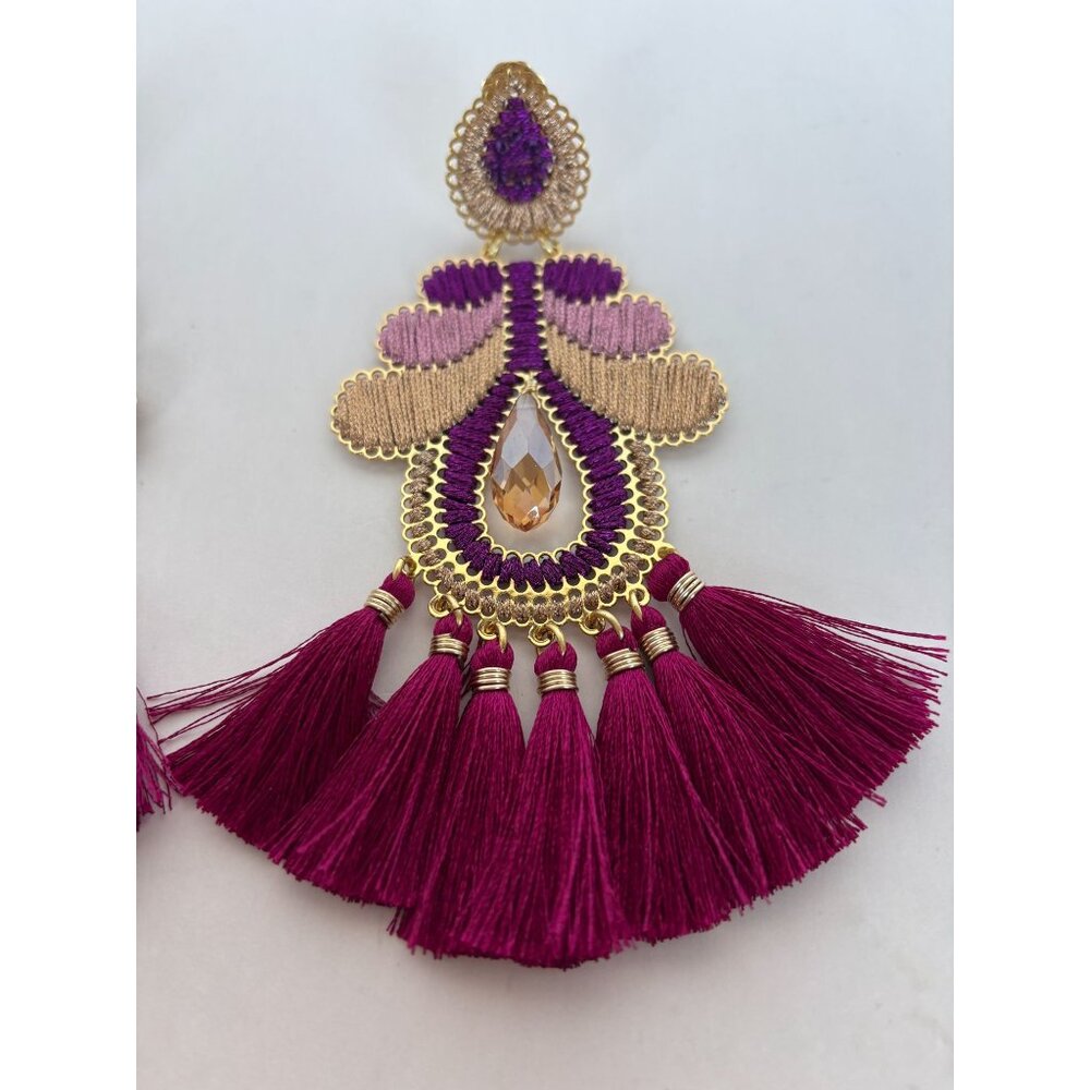 Mercedes Salazar Curubas Drop Earrings Burgundy Tassel Trim Bohemian Clip On - Picture 4 of 9